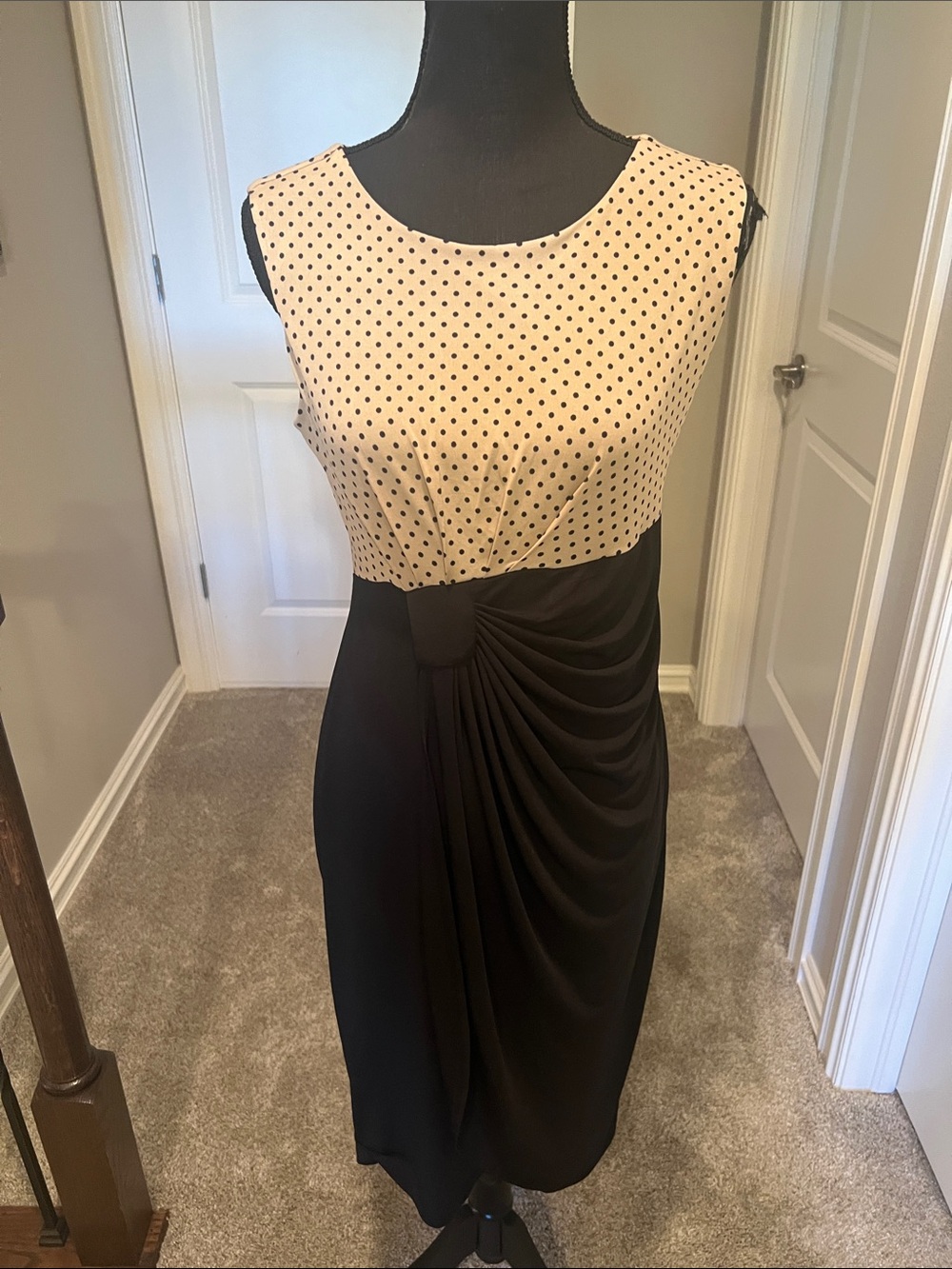 Enfocus Studio Cream Polka Dot & Black Ruched Midi Dress